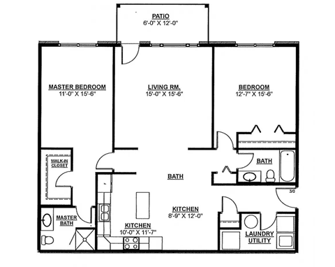 Floor plan for 2 beds, 2 baths, 1280 sqft